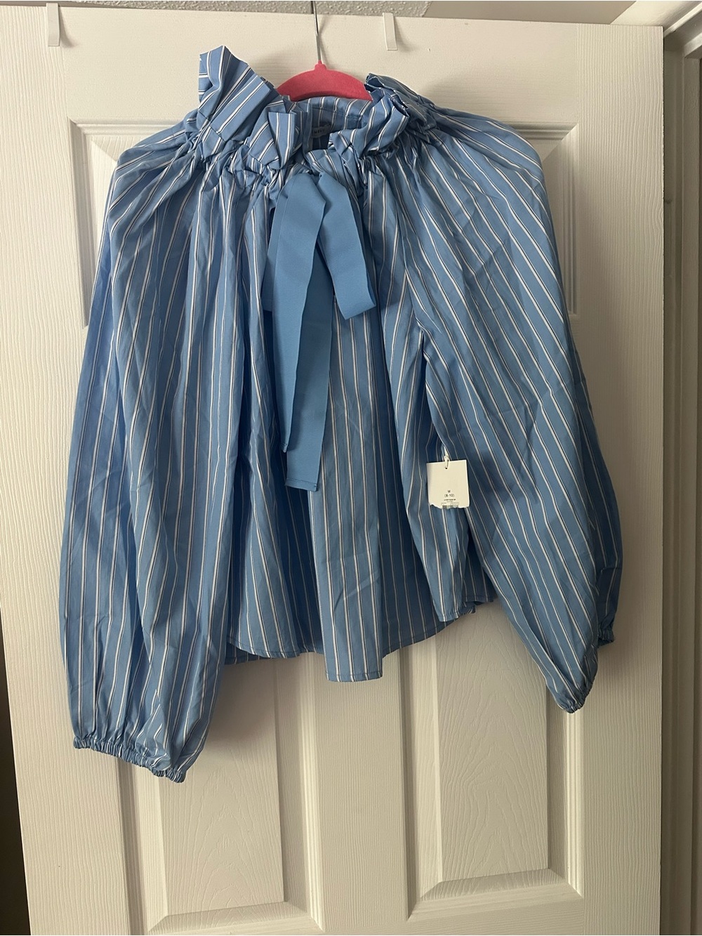 Blue Striped Tie-Neck Balloon Sleeve Top